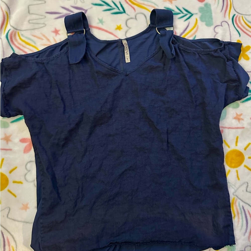 XCVI Navy‎ Blue Cold Shoulder Blouse